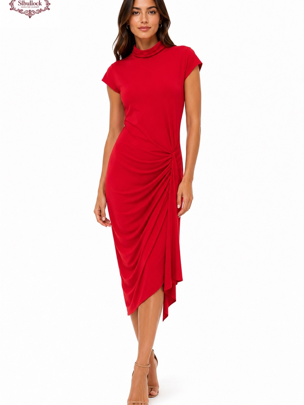 C4 CacheSize 10 Red Ruched Mock Neck Asymmetrical Midi Dress Made in USA